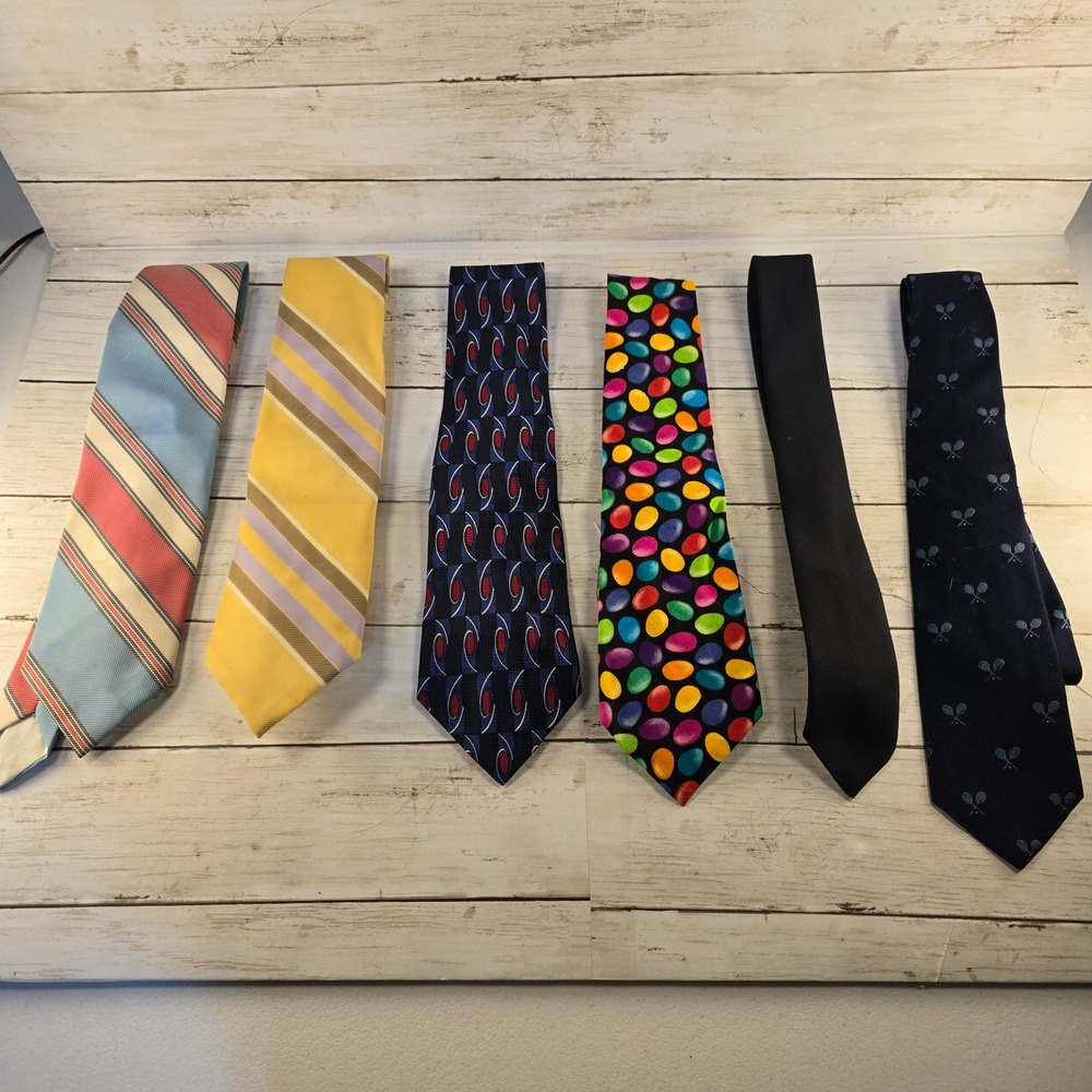 Mens Necktie Bundle Lot of 6 Silk Polyester Mixed Patterns Stripes Novelty Solid